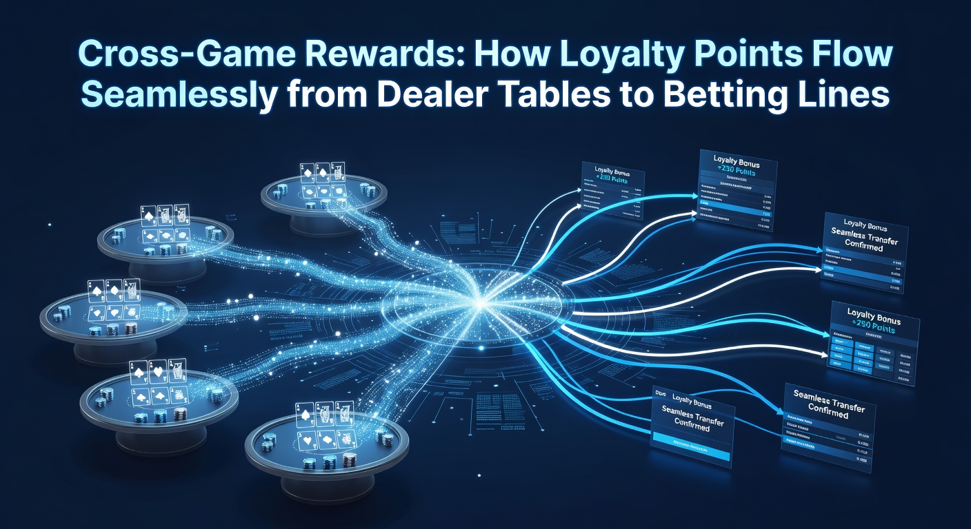 Digital display showing loyalty points accumulating across casino tables and sports betting interfaces, with seamless transfer arrows connecting them