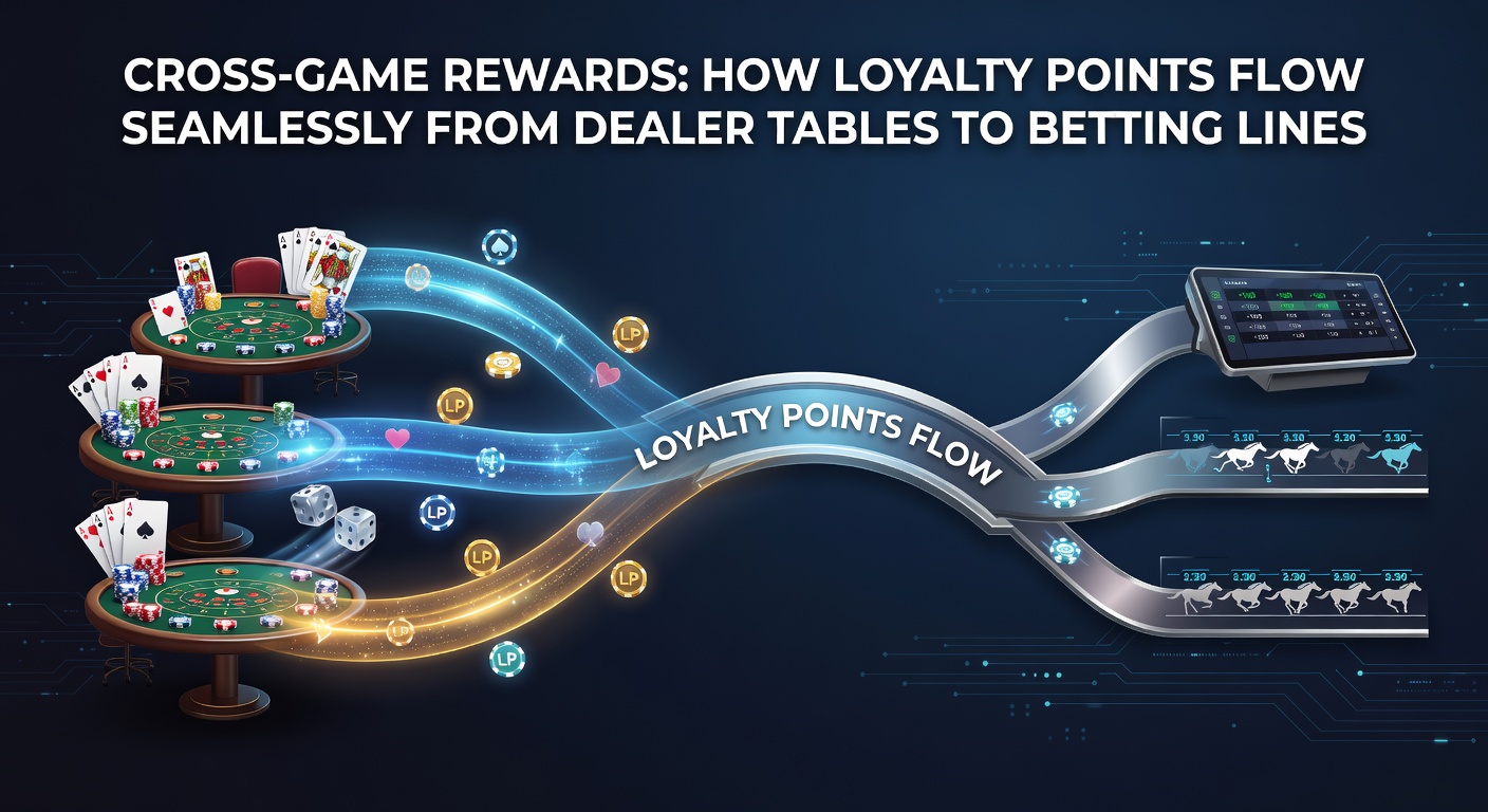 Screenshot of a mobile app interface displaying loyalty points dashboard, with icons for casino tables, sports bets, and reward redemptions linked together