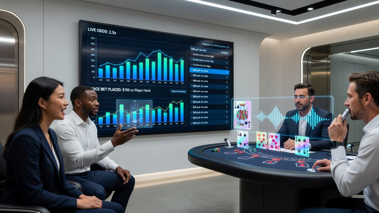 Player using voice commands on a tablet while participating in an integrated card and betting session