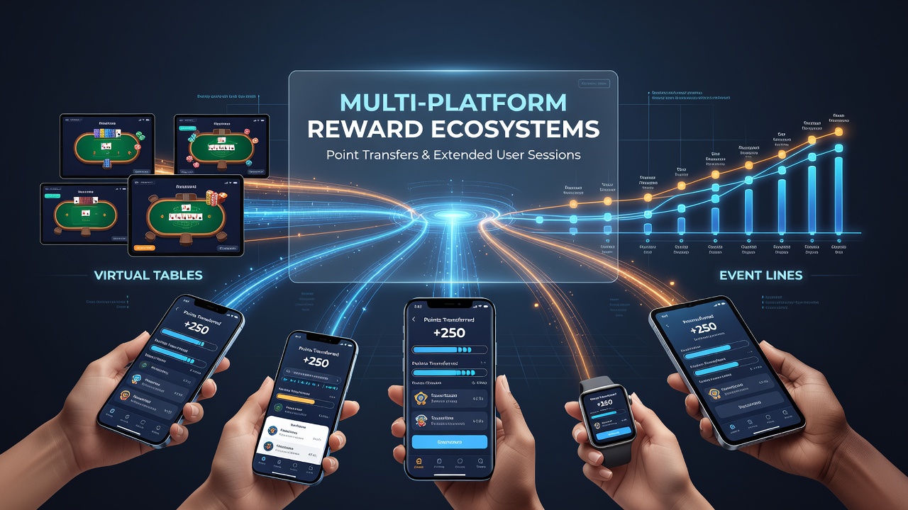 Illustration of point transfers flowing between virtual poker tables and sports event betting lines on mobile interfaces