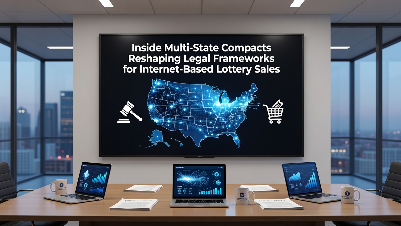 Map showing interconnected state boundaries with digital lottery icons representing multi-state compacts in action