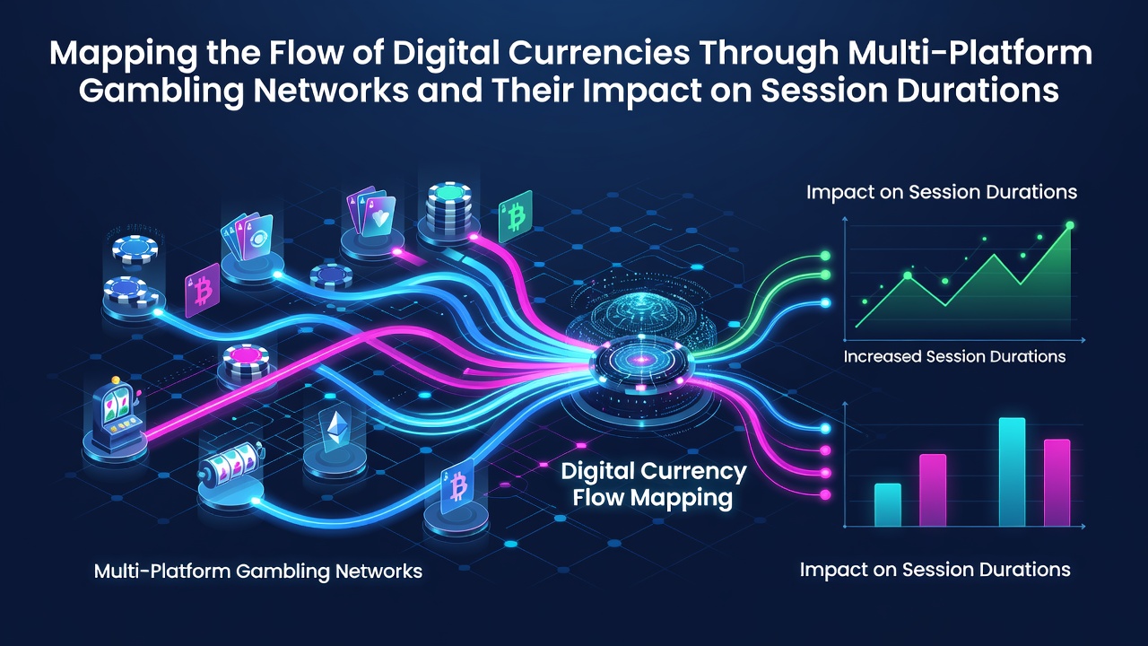 Digital currency transaction flows visualized across interconnected gambling platforms showing wallet transfers and session timelines