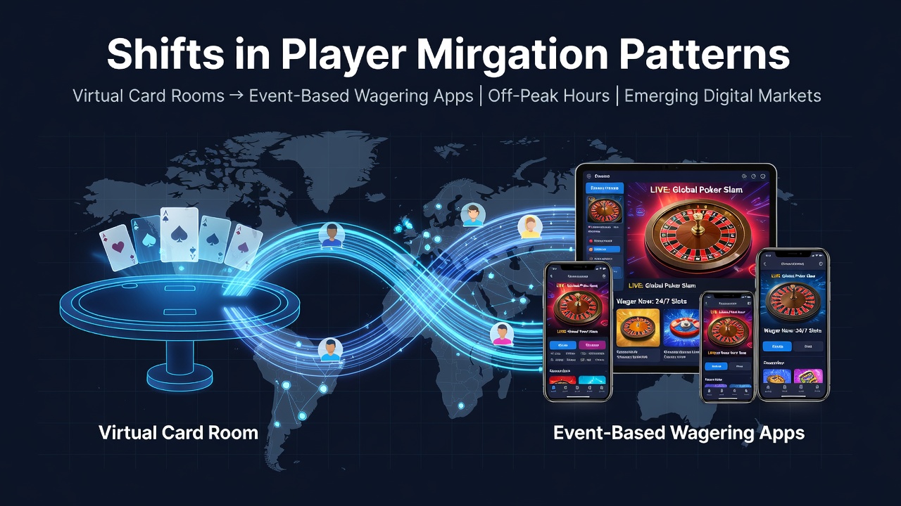 Illustration showing player movement between virtual card rooms and event-based wagering apps during off-peak hours in emerging markets