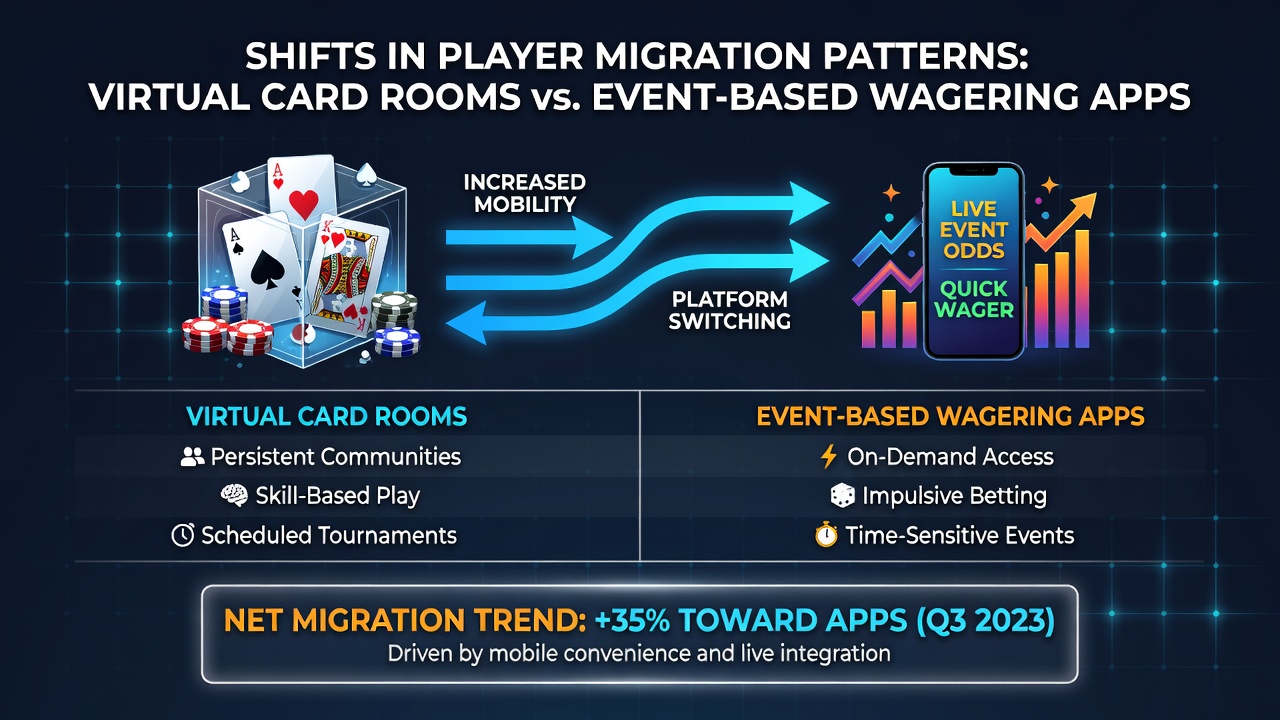 Chart depicting off-peak player migration trends from card rooms to wagering apps across emerging digital markets